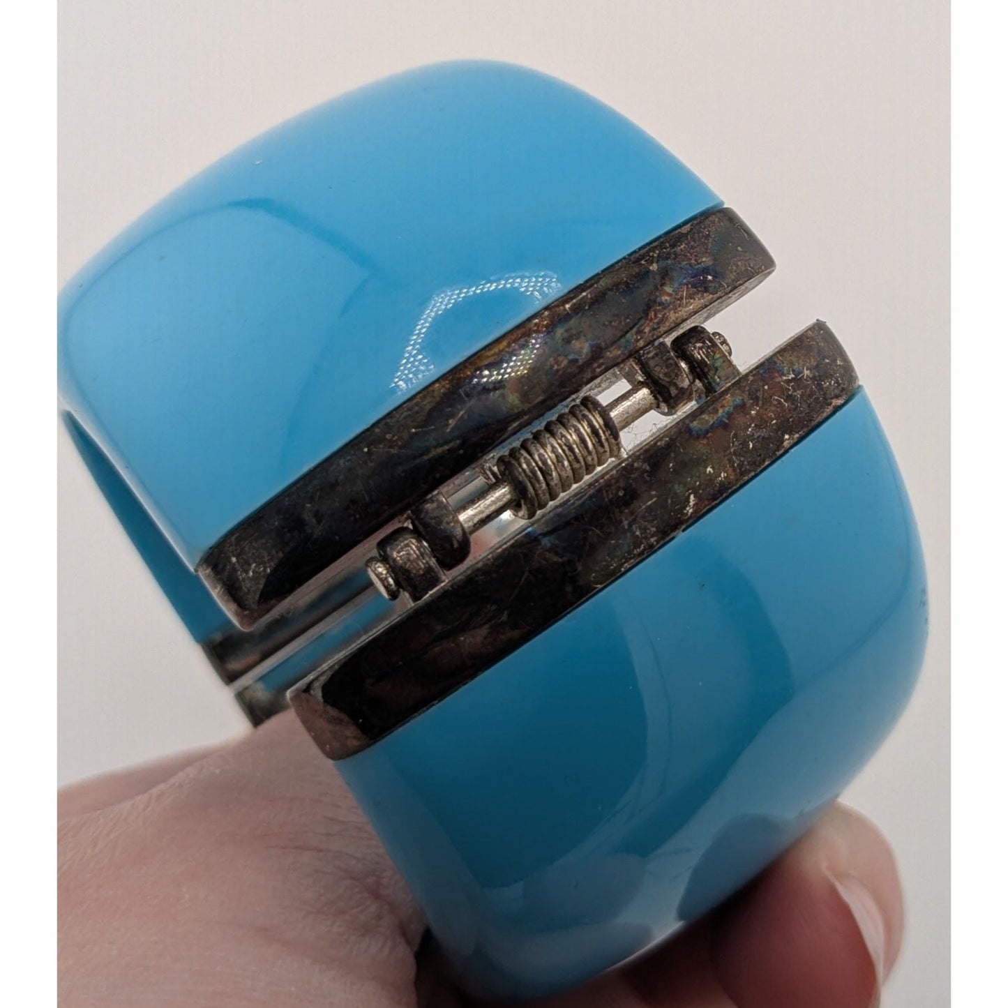 Blue Hinged Resin Bangle Bracelet With Antiqued Metal Accents