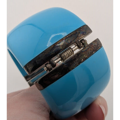 Blue Hinged Resin Bangle Bracelet With Antiqued Metal Accents