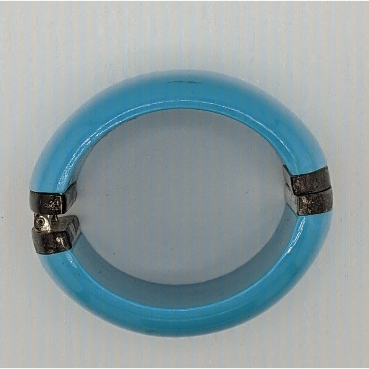 Blue Hinged Resin Bangle Bracelet With Antiqued Metal Accents