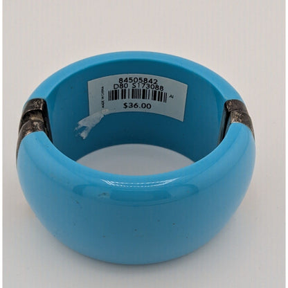 Blue Hinged Resin Bangle Bracelet With Antiqued Metal Accents