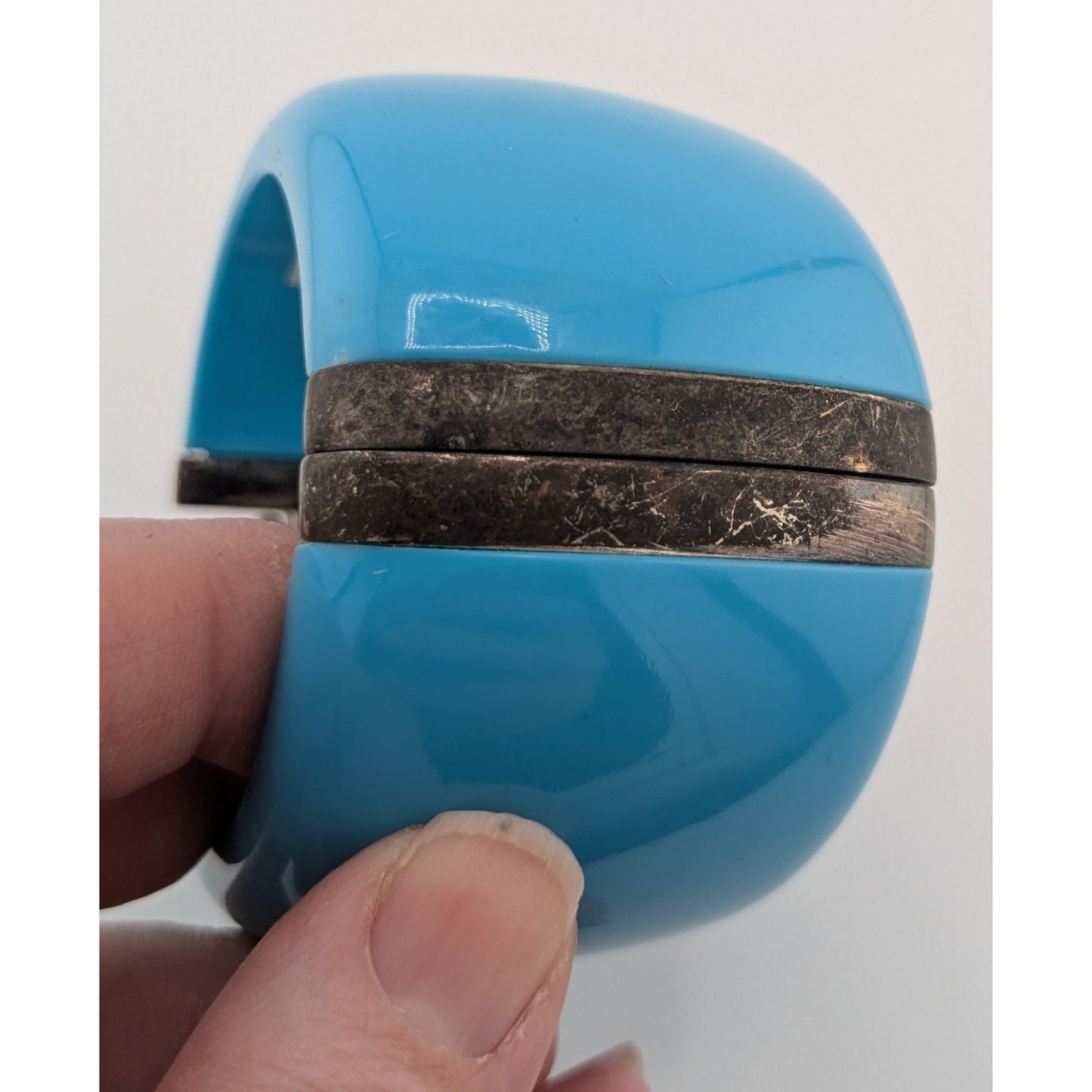 Blue Hinged Resin Bangle Bracelet With Antiqued Metal Accents