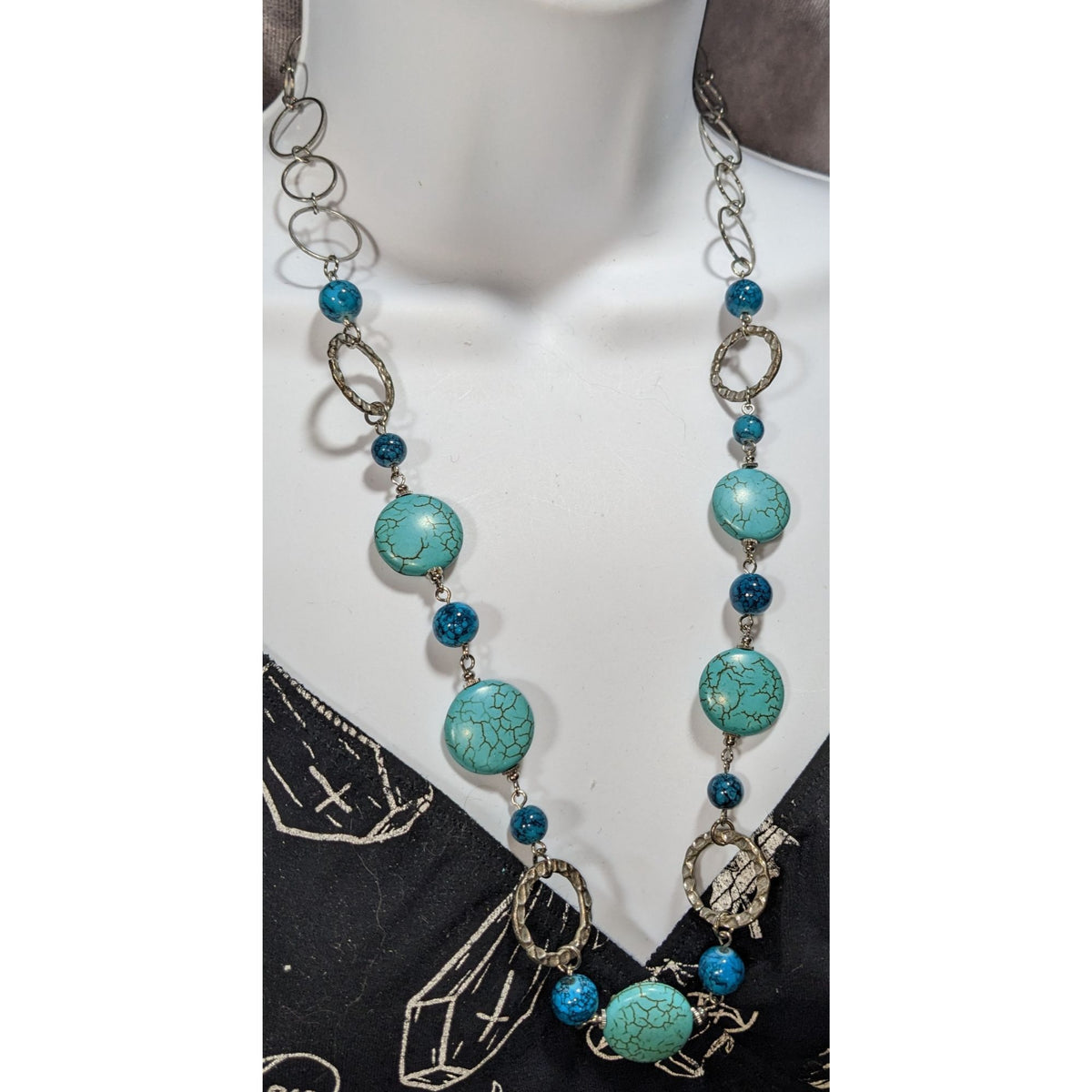 Boho Southwestern Simulated Turquoise Beaded Silver Tone Statement Necklace