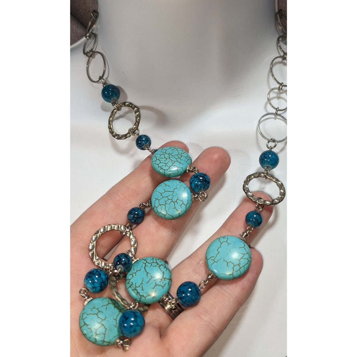 Boho Southwestern Simulated Turquoise Beaded Silver Tone Statement Necklace