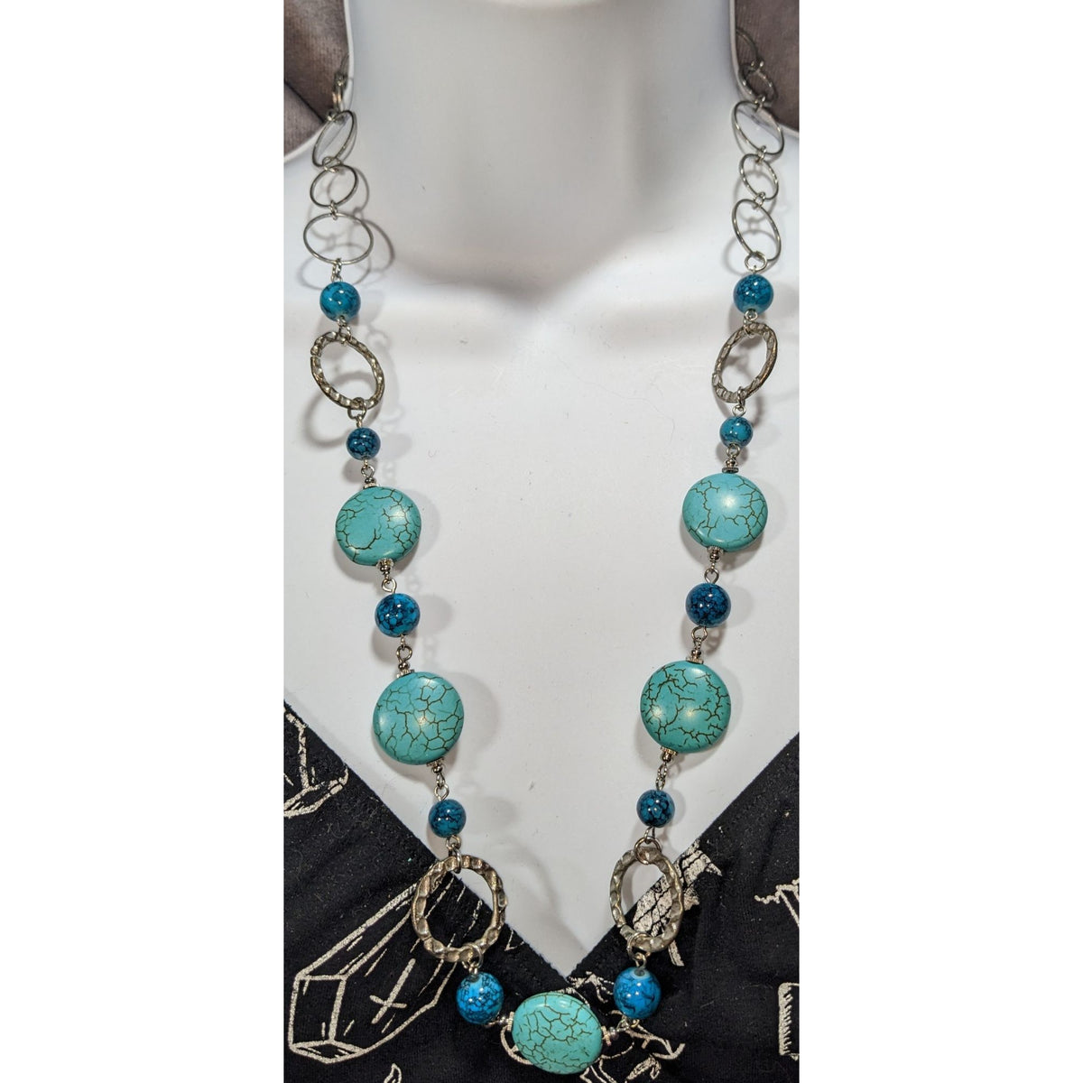 Boho Southwestern Simulated Turquoise Beaded Silver Tone Statement Necklace