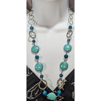 Boho Southwestern Simulated Turquoise Beaded Silver Tone Statement Necklace