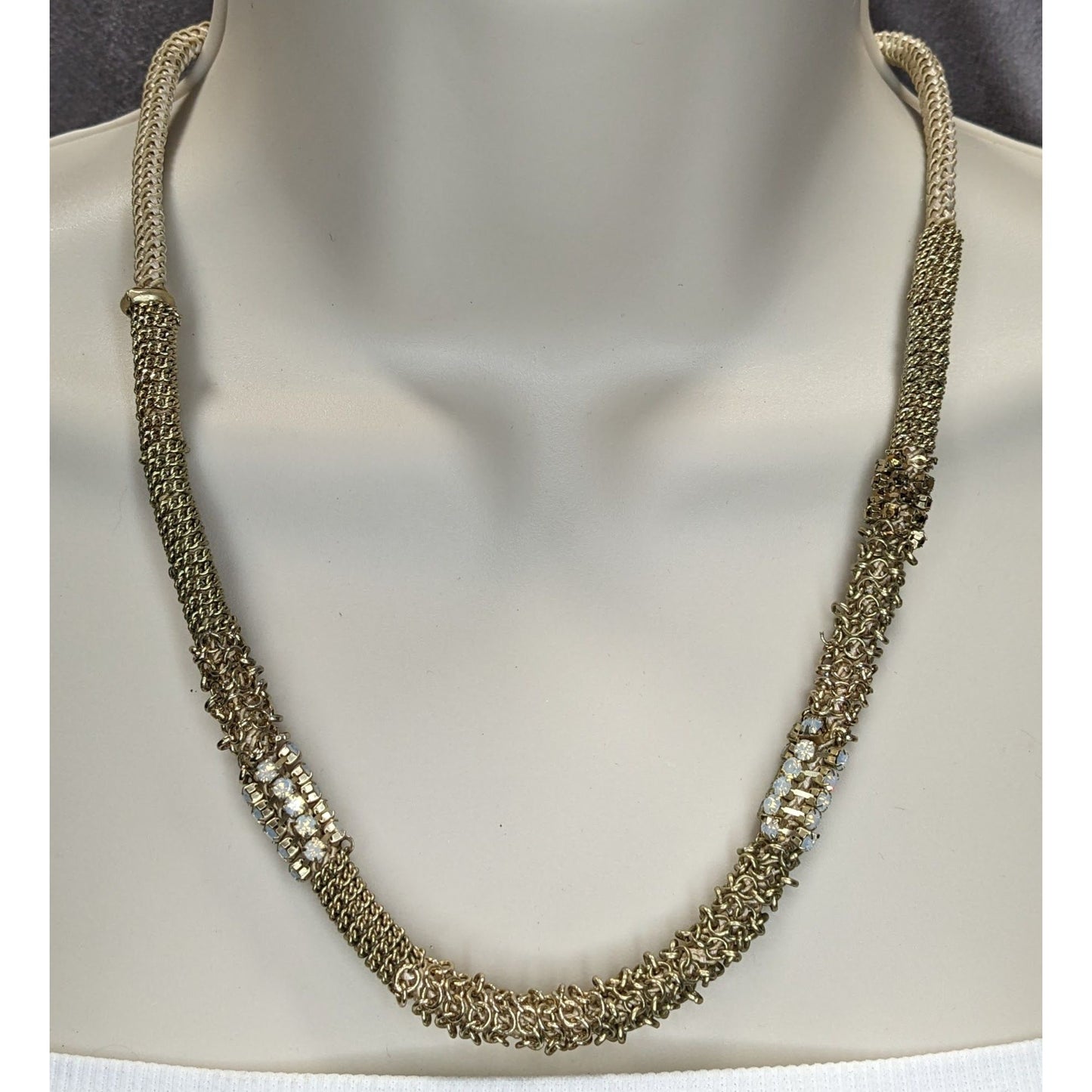 Vintage Chico’s Mesh Rhinestone Necklace Gold Tone Brutalist Glam Statement Jewelry