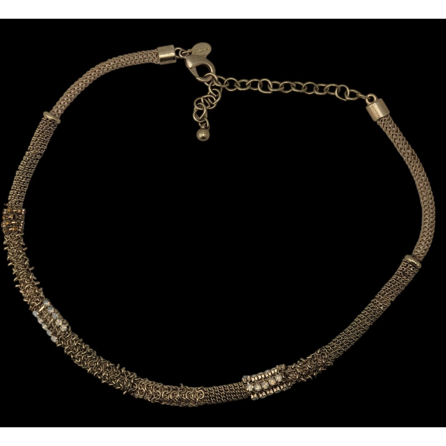 Vintage Chico’s Mesh Rhinestone Necklace Gold Tone Brutalist Glam Statement Jewelry