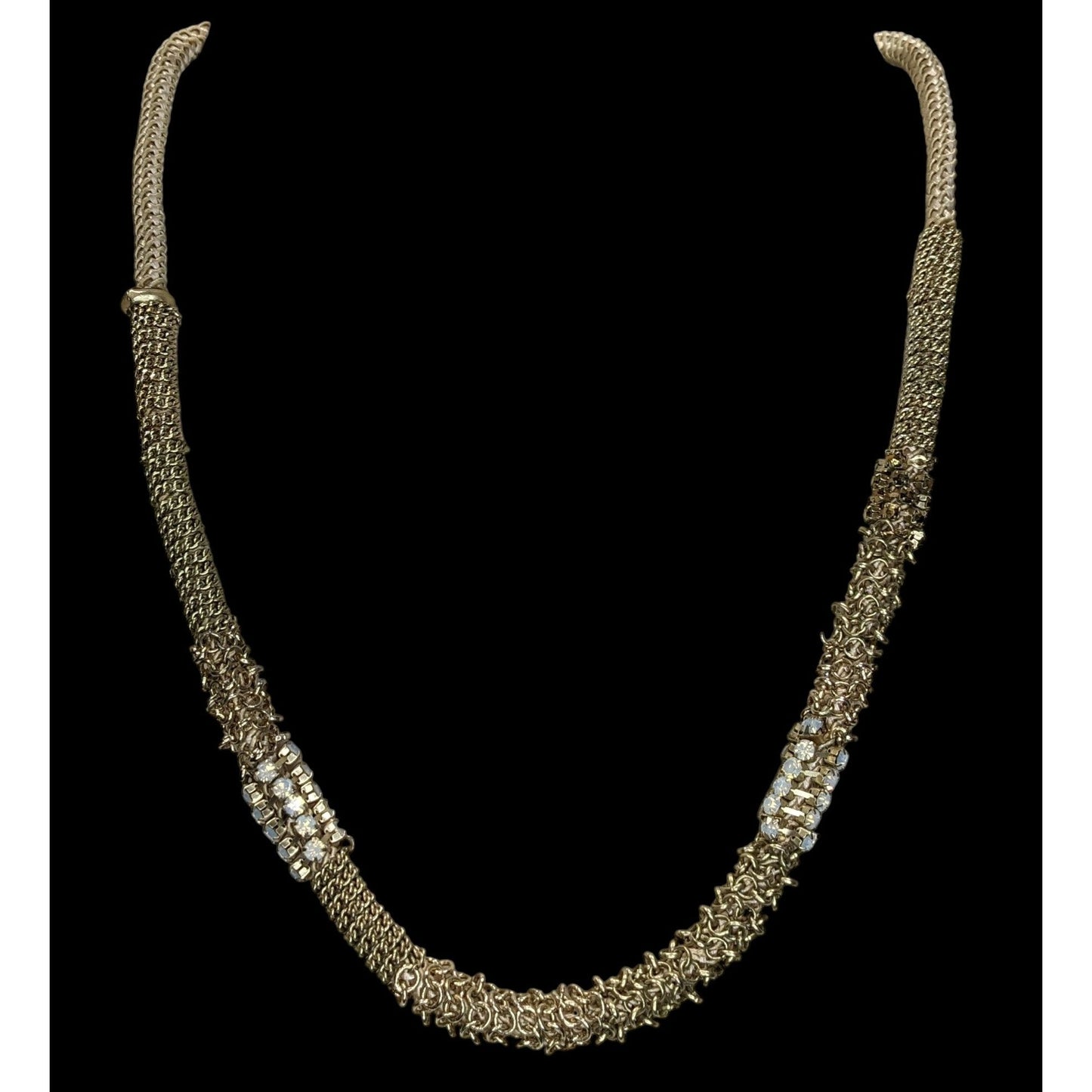 Vintage Chico’s Mesh Rhinestone Necklace Gold Tone Brutalist Glam Statement Jewelry