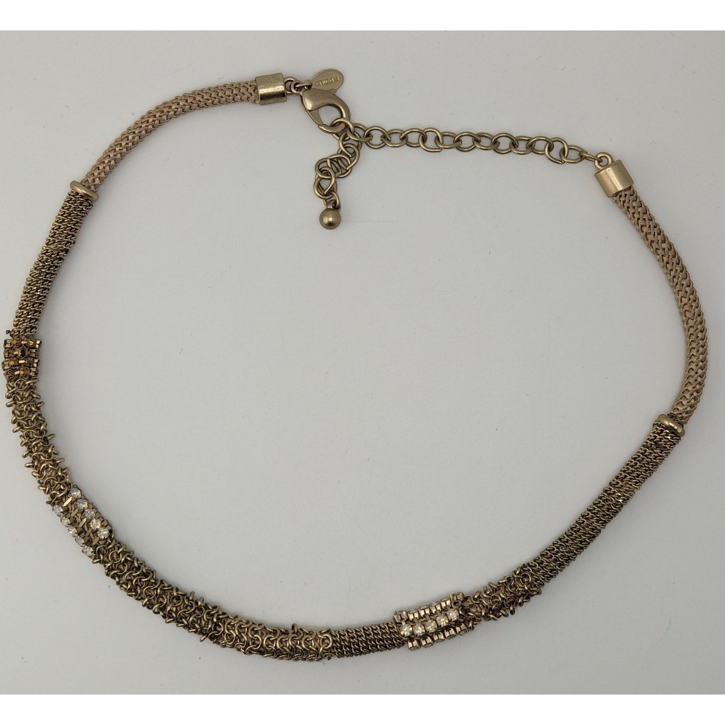 Vintage Chico’s Mesh Rhinestone Necklace Gold Tone Brutalist Glam Statement Jewelry