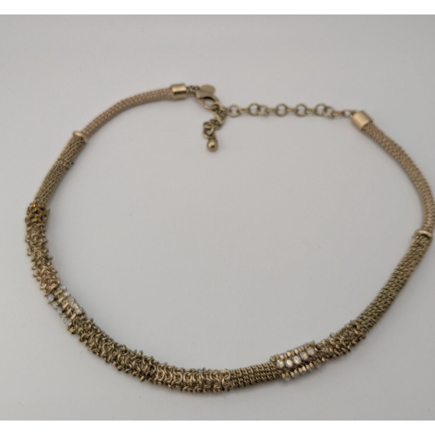 Vintage Chico’s Mesh Rhinestone Necklace Gold Tone Brutalist Glam Statement Jewelry