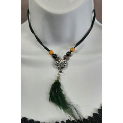 Boho Feather Pendant Necklace With Adjustable Cord & Beads