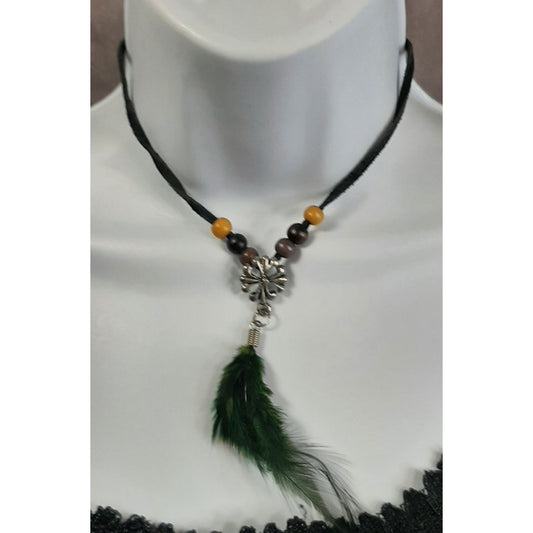 Boho Feather Pendant Necklace With Adjustable Cord & Beads