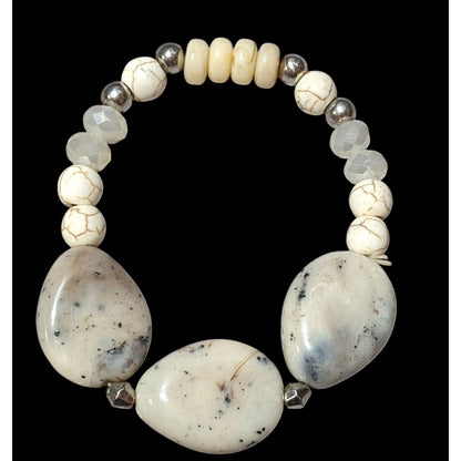 Cream Tone Glass And Stone Beaded Stretch Bracelet