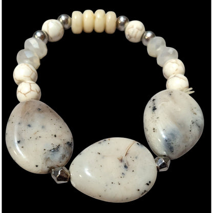 Cream Tone Glass And Stone Beaded Stretch Bracelet