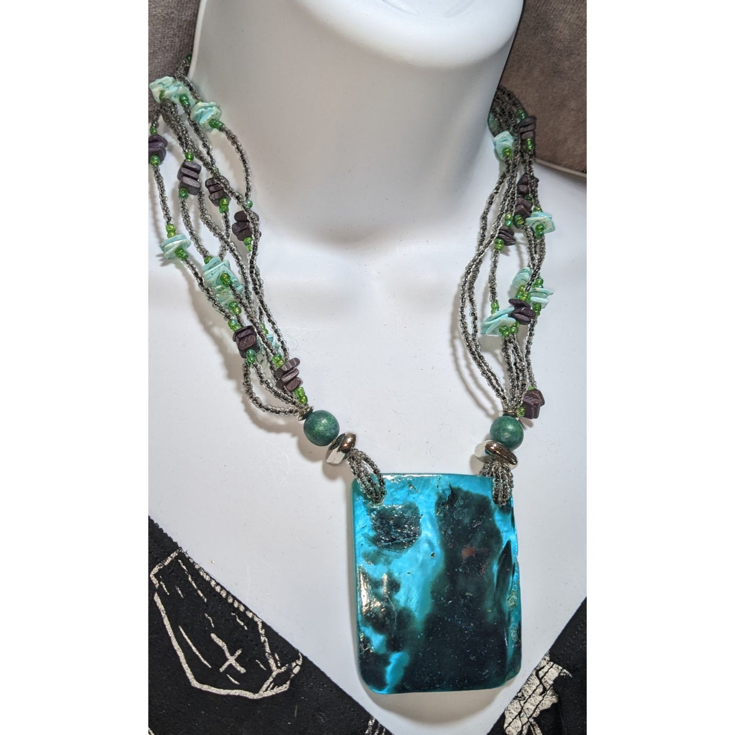 Layered Beaded Shell Pendant Necklace Blue Mermaidcore Boho Coastal Statement Jewelry