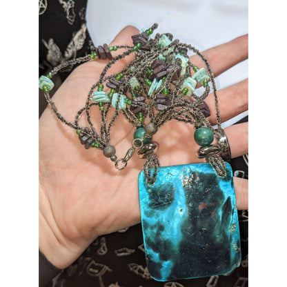 Layered Beaded Shell Pendant Necklace Blue Mermaidcore Boho Coastal Statement Jewelry