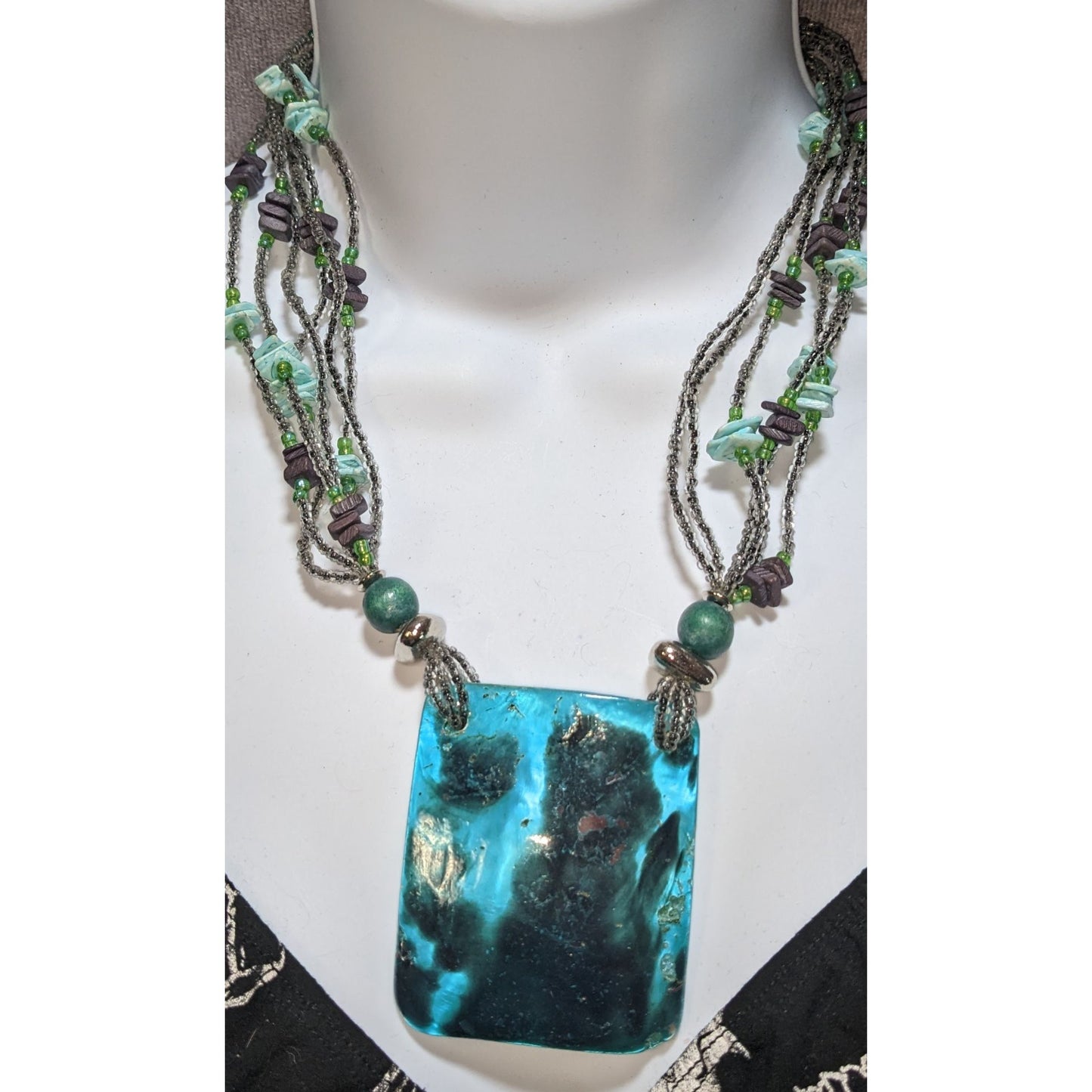 Layered Beaded Shell Pendant Necklace Blue Mermaidcore Boho Coastal Statement Jewelry