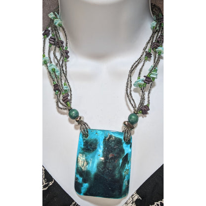 Layered Beaded Shell Pendant Necklace Blue Mermaidcore Boho Coastal Statement Jewelry