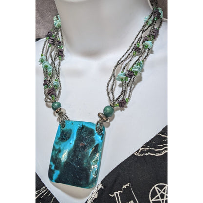 Layered Beaded Shell Pendant Necklace Blue Mermaidcore Boho Coastal Statement Jewelry