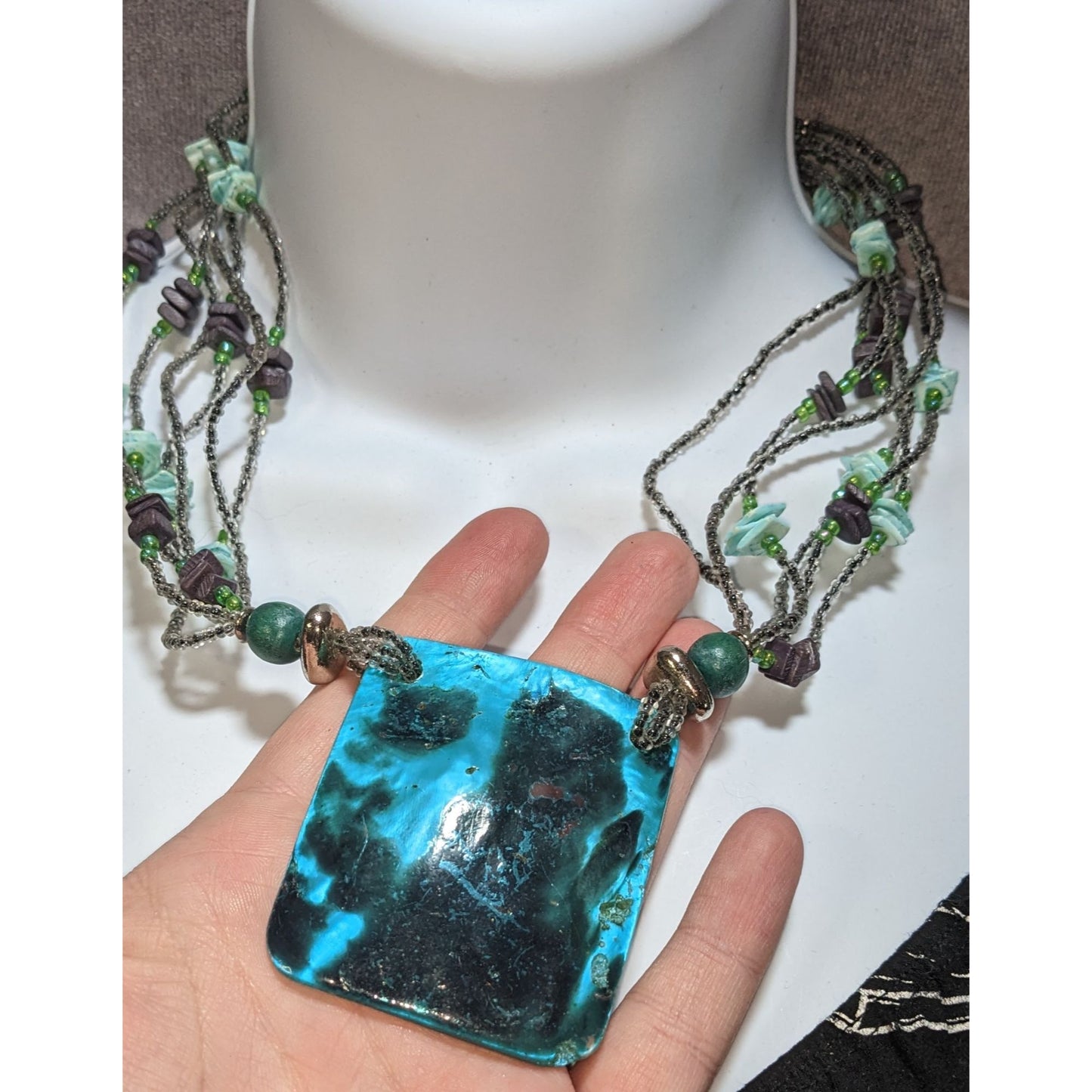 Layered Beaded Shell Pendant Necklace Blue Mermaidcore Boho Coastal Statement Jewelry