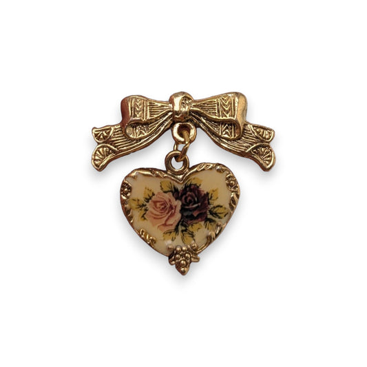Vintage Victorian Romantic Gold Tone Floral Heart Dangle Bow Brooch 1 1/4