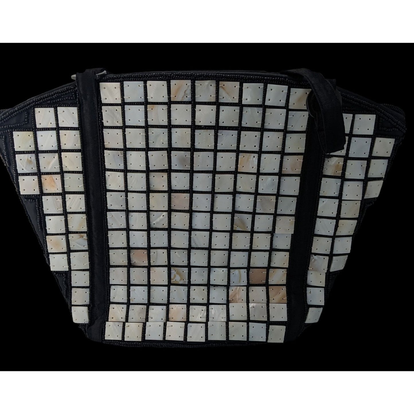 Sea Cove Beach To City Tote Bag With Mother-Of-Pearl Tile Design Black Fabric Spacious Interior 10x9x2 Inches 10-Inch Strap Drop