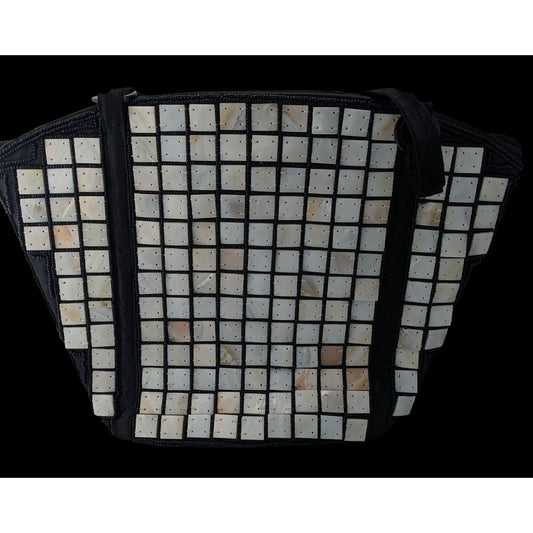 Sea Cove Beach To City Tote Bag With Mother-Of-Pearl Tile Design Black Fabric Spacious Interior 10x9x2 Inches 10-Inch Strap Drop