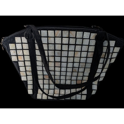Sea Cove Beach To City Tote Bag With Mother-Of-Pearl Tile Design Black Fabric Spacious Interior 10x9x2 Inches 10-Inch Strap Drop