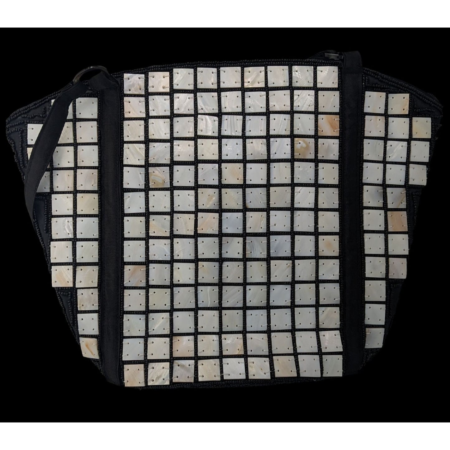 Sea Cove Beach To City Tote Bag With Mother-Of-Pearl Tile Design Black Fabric Spacious Interior 10x9x2 Inches 10-Inch Strap Drop