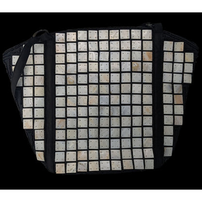 Sea Cove Beach To City Tote Bag With Mother-Of-Pearl Tile Design Black Fabric Spacious Interior 10x9x2 Inches 10-Inch Strap Drop