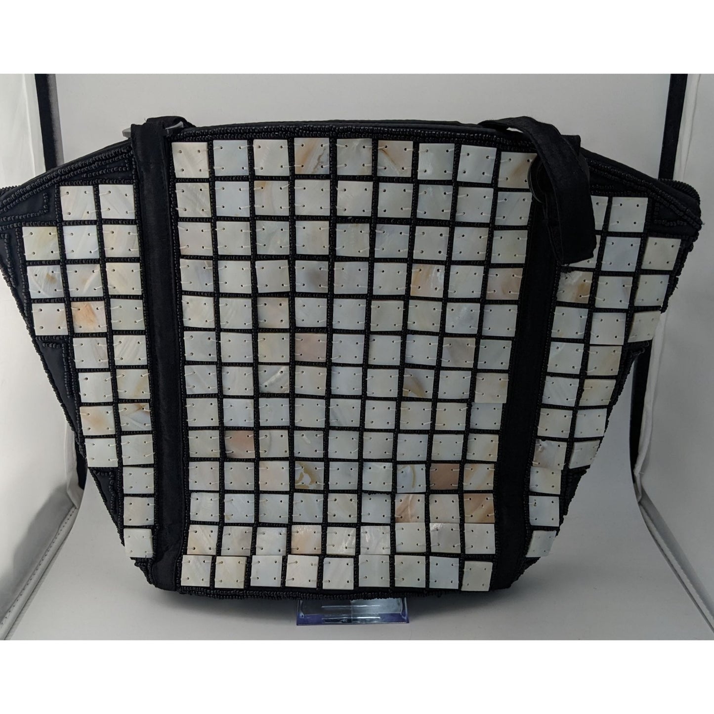Sea Cove Beach To City Tote Bag With Mother-Of-Pearl Tile Design Black Fabric Spacious Interior 10x9x2 Inches 10-Inch Strap Drop