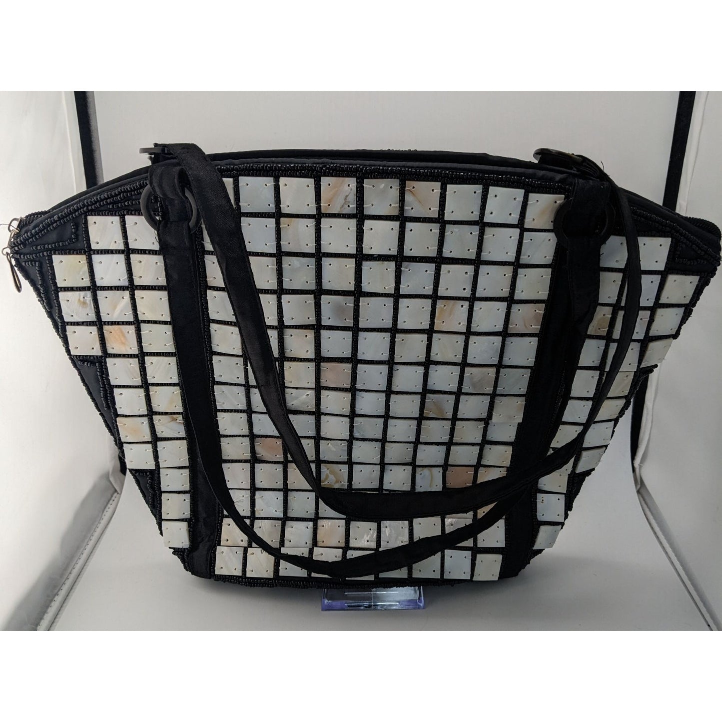 Sea Cove Beach To City Tote Bag With Mother-Of-Pearl Tile Design Black Fabric Spacious Interior 10x9x2 Inches 10-Inch Strap Drop