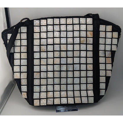 Sea Cove Beach To City Tote Bag With Mother-Of-Pearl Tile Design Black Fabric Spacious Interior 10x9x2 Inches 10-Inch Strap Drop