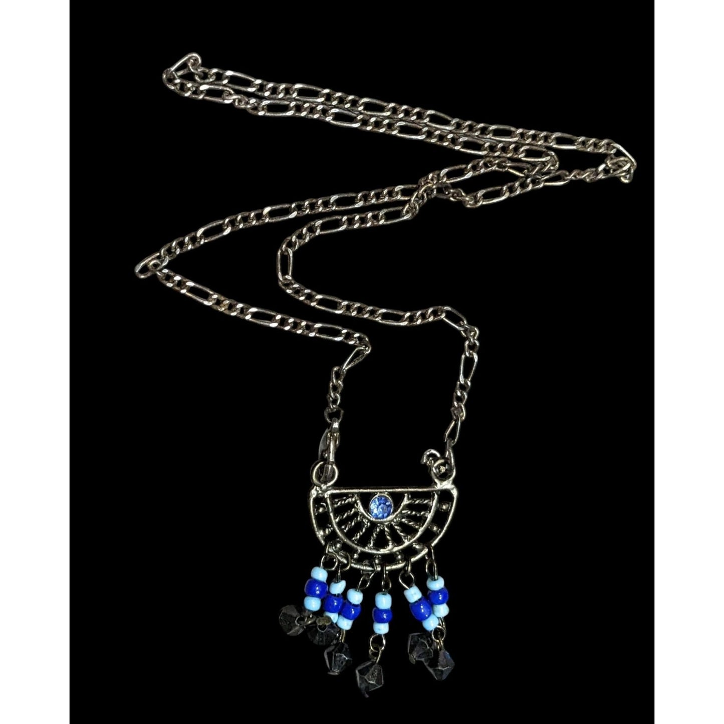Bohemian Blue And Silver Tone Tassel Pendant Necklace