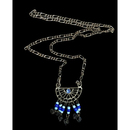 Bohemian Blue And Silver Tone Tassel Pendant Necklace