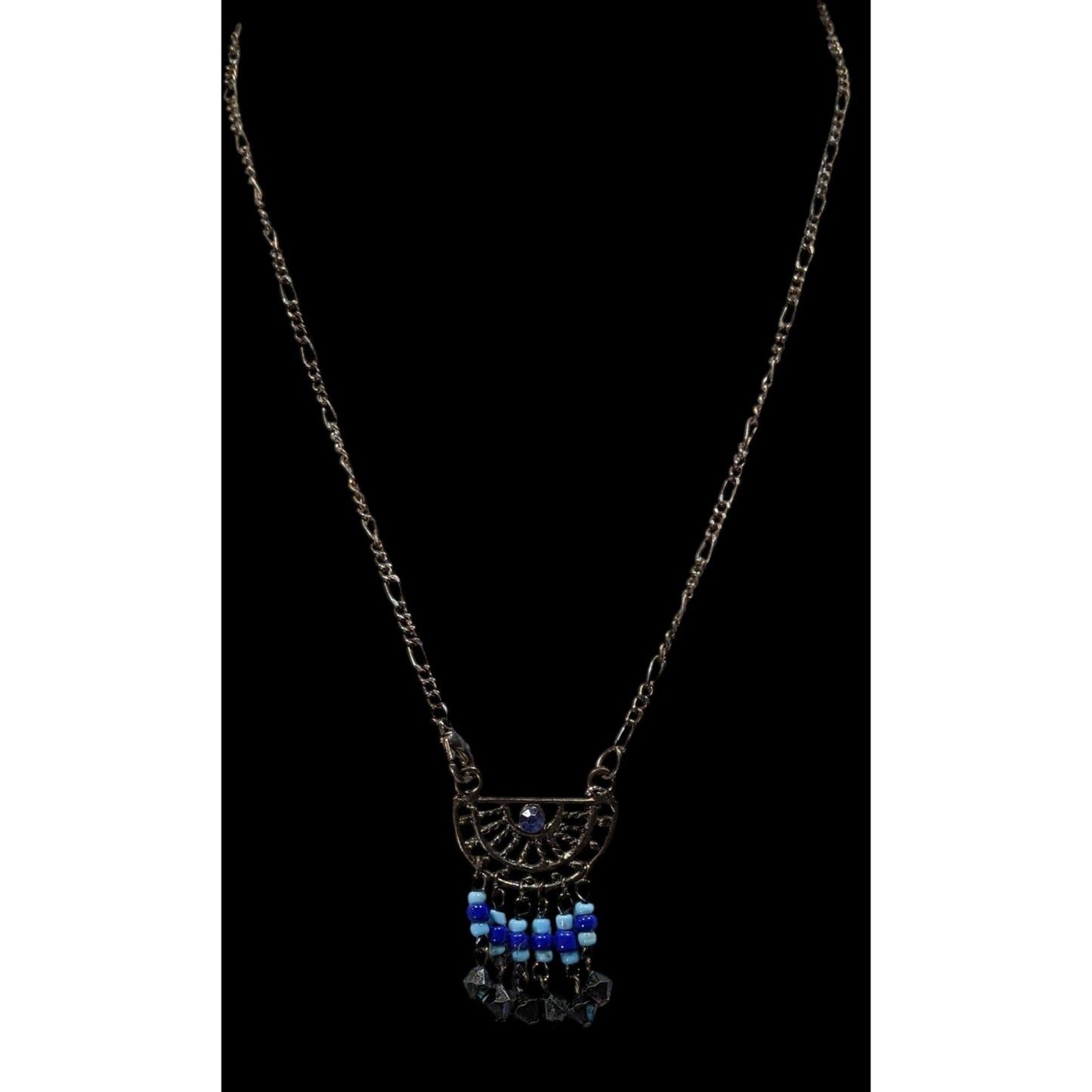 Bohemian Blue And Silver Tone Tassel Pendant Necklace