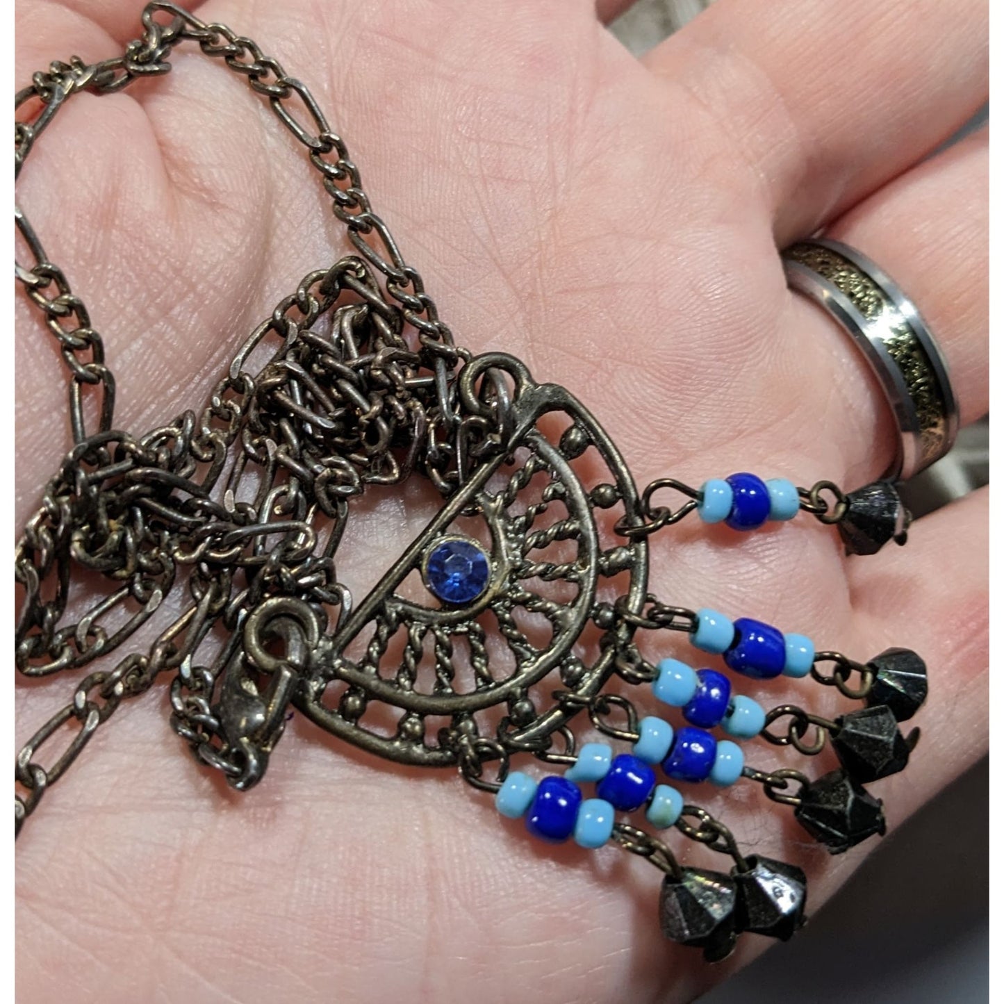 Bohemian Blue And Silver Tone Tassel Pendant Necklace