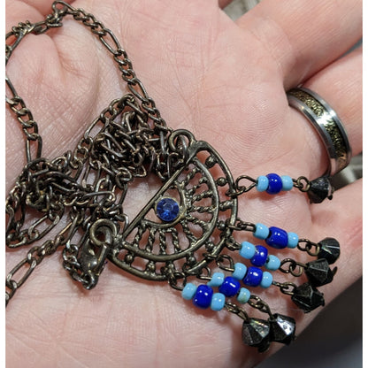 Bohemian Blue And Silver Tone Tassel Pendant Necklace