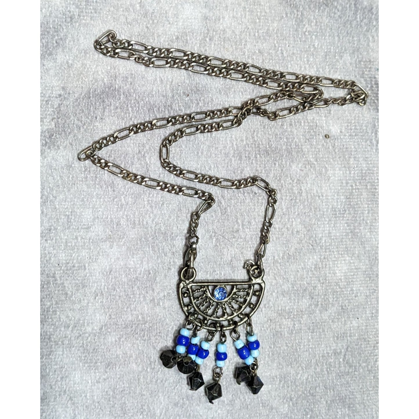 Bohemian Blue And Silver Tone Tassel Pendant Necklace