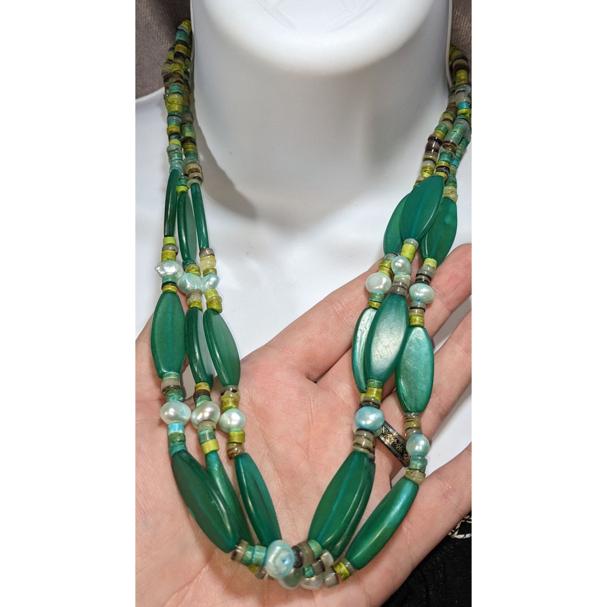 Vintage Boho Green Wood Pearl Shell Triple Strand Statement Necklace