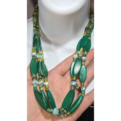 Vintage Boho Green Wood Pearl Shell Triple Strand Statement Necklace