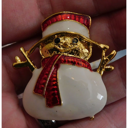 Cute Vintage Smiling Snowman Brooch Gold Tone With Enamel