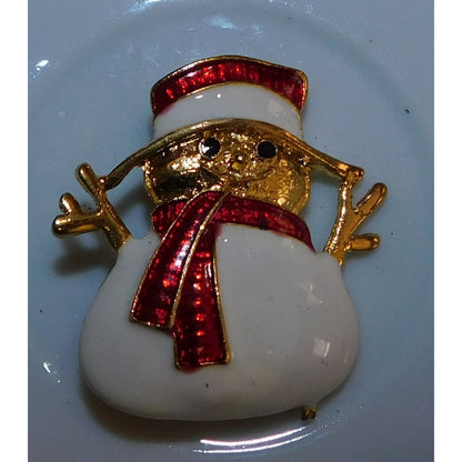 Cute Vintage Smiling Snowman Brooch Gold Tone With Enamel