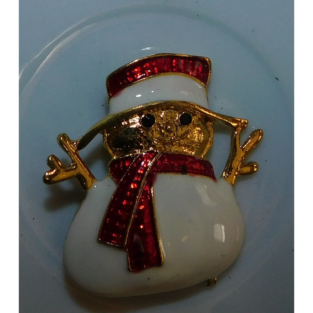 Cute Vintage Smiling Snowman Brooch Gold Tone With Enamel