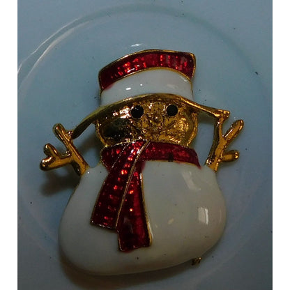 Cute Vintage Smiling Snowman Brooch Gold Tone With Enamel