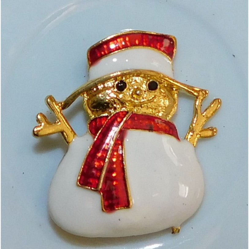 Cute Vintage Smiling Snowman Brooch Gold Tone With Enamel
