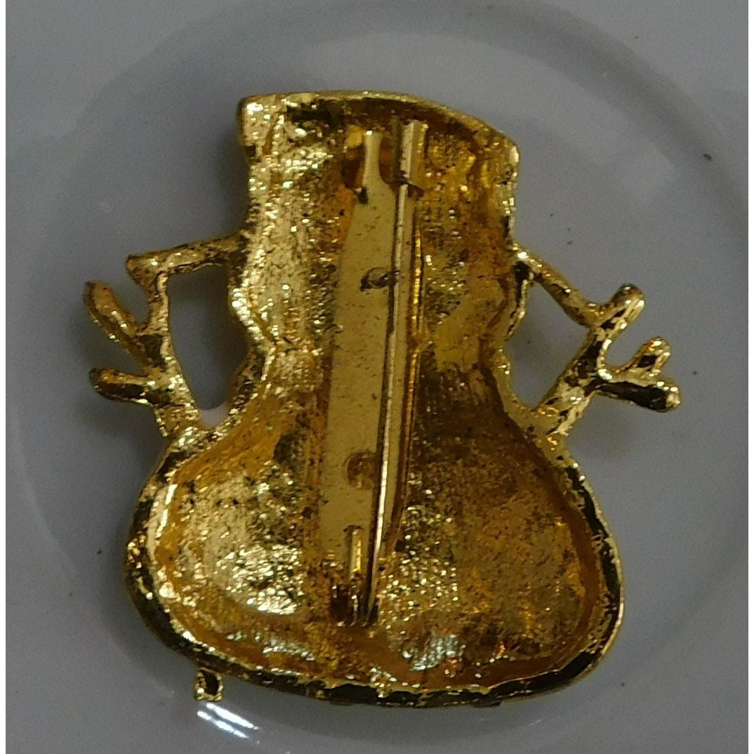 Cute Vintage Smiling Snowman Brooch Gold Tone With Enamel