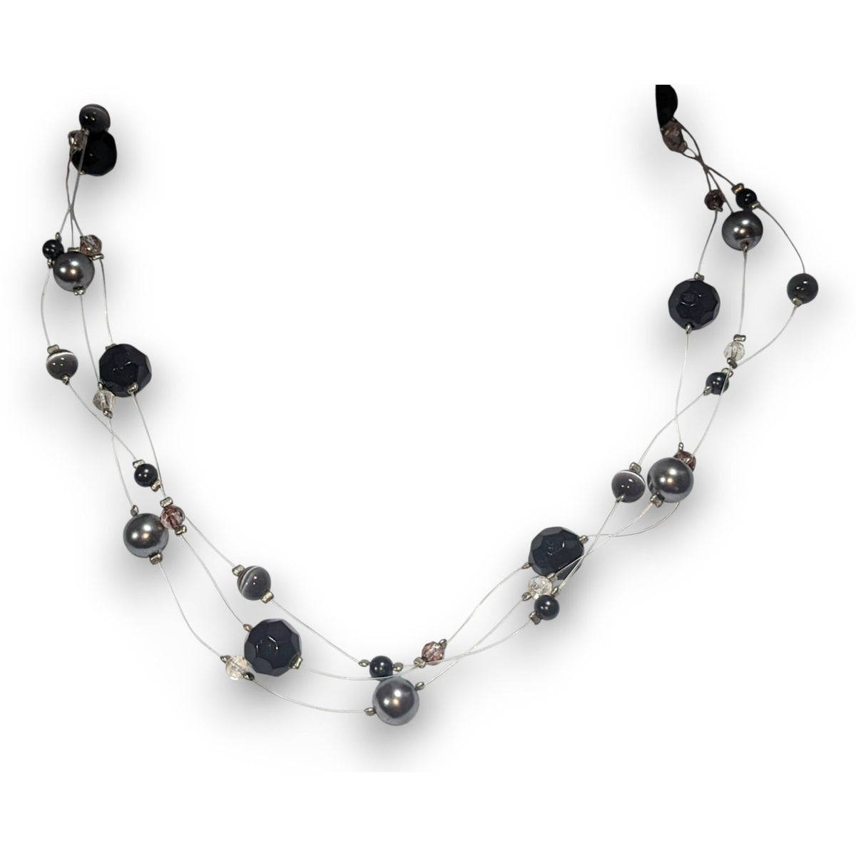Gothic Glam Floating Black Gunmetal Beaded Illusion Necklace 16 Inch