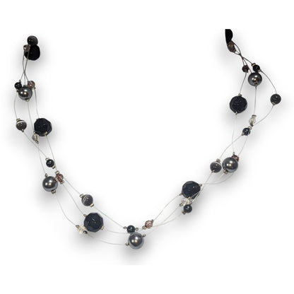 Gothic Glam Floating Black Gunmetal Beaded Illusion Necklace 16 Inch