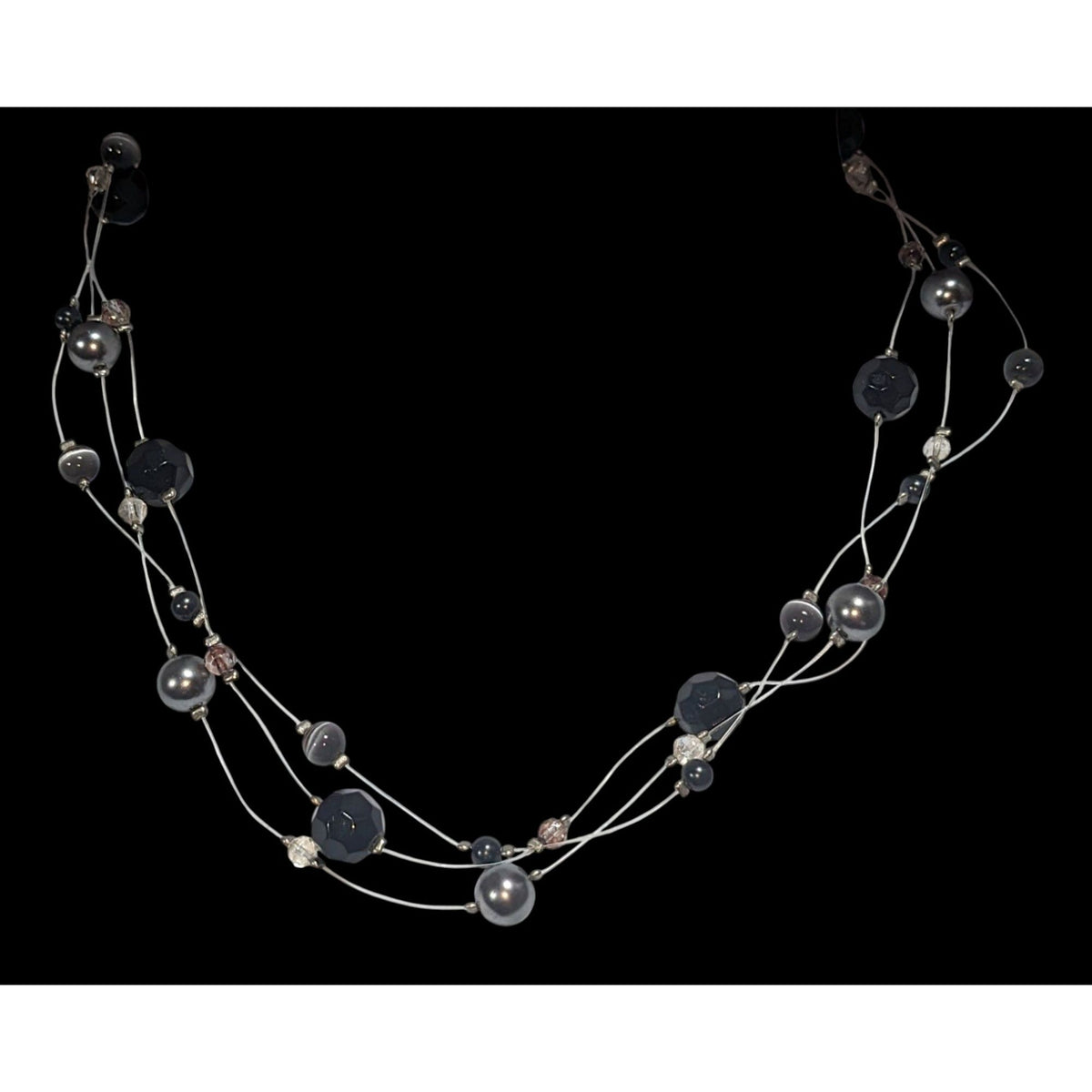 Gothic Glam Floating Black Gunmetal Beaded Illusion Necklace 16 Inch